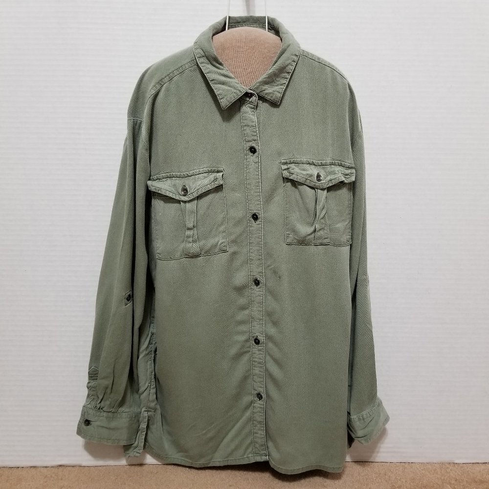 Old Navy top Large 10/12 utility button up twill side split pockets Money Maker - Picture 1 of 15